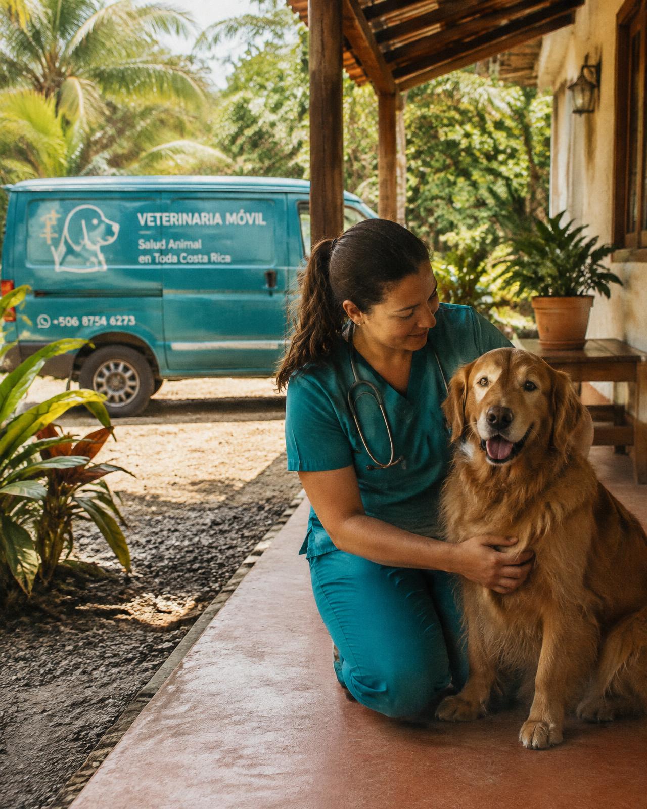 Veterinaria atendiendo a un perro frente a la unidad móvil